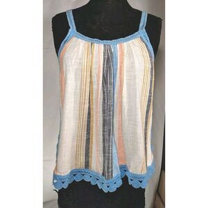 Aerie Women's Cotton multicolor Stripe Blue Crochet Fringe Sleeveless Top Size M